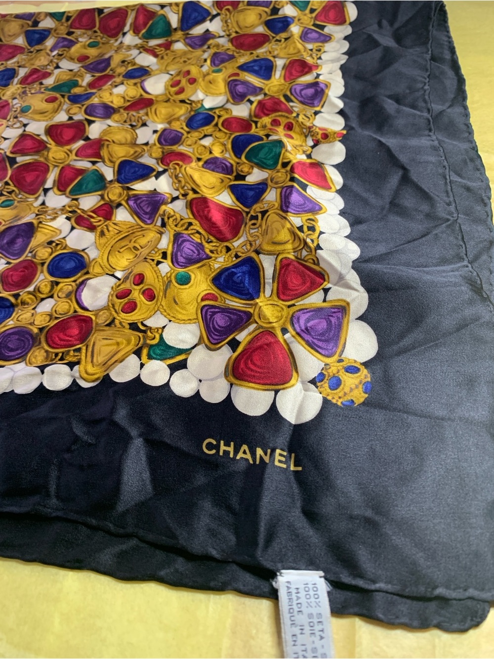 CHANEL Black Silk Scarf with Gold Chain and Gem Motifs